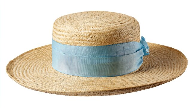 A woven straw hat with a wide brim and a light blue ribbon bow