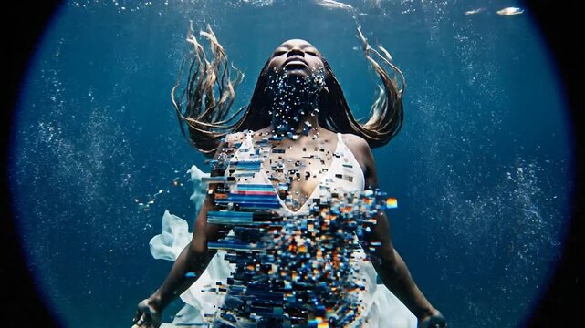 Woman experiences glitch distortion underwater with digital codes floating around her body