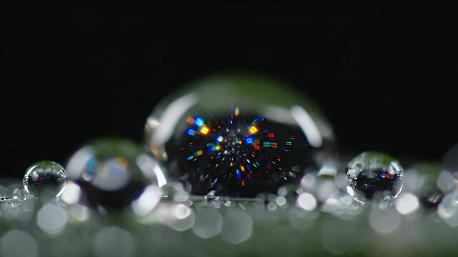 Macro water droplets reflecting colorful abstract light on dark background