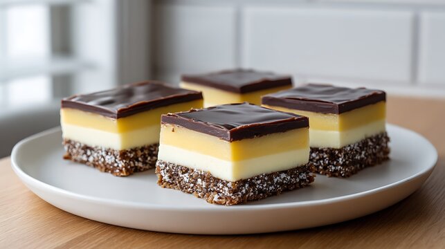 Nanaimo Bars, no-bake British Columbia dessert, three square bars with distinct layers on white ceramic plate, dark brown Graham cracker and toasted coconut base