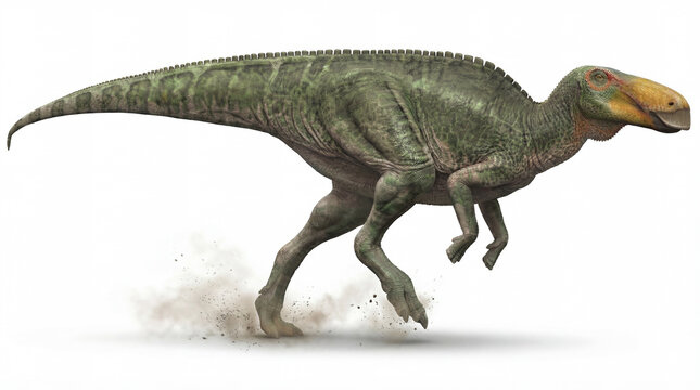 Edmontosaurus annectens running in side view isolated on white background, detailed reconstruction showing dynamic movement, speed and classic hadrosaur anatomy.
