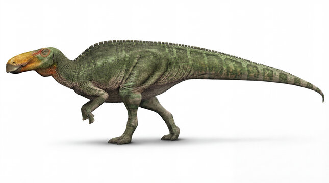 Edmontosaurus annectens side view isolated on white background, detailed reconstruction showing full body profile and classic hadrosaur anatomy.
