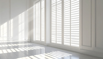 Obraz premium Sunlight streams into a modern, minimalist room through a series of large windows adorned with white plantation shutters, casting striking shadows across the polished wooden floor.