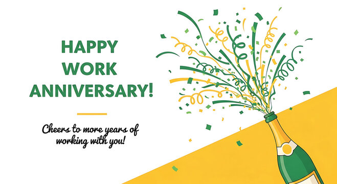 Happy work anniversary text with green and yellow confetti exploding from champagne bottle