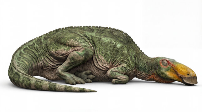 Edmontosaurus annectens sleeping lying down isolated on white background, detailed reconstruction showing relaxed posture and calm resting behavior of a hadrosaur.

