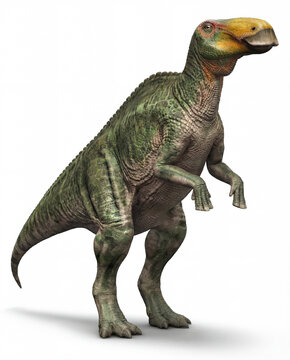 Edmontosaurus annectens standing on hind legs isolated on white background, detailed reconstruction showing upright posture and classic hadrosaur anatomy.
