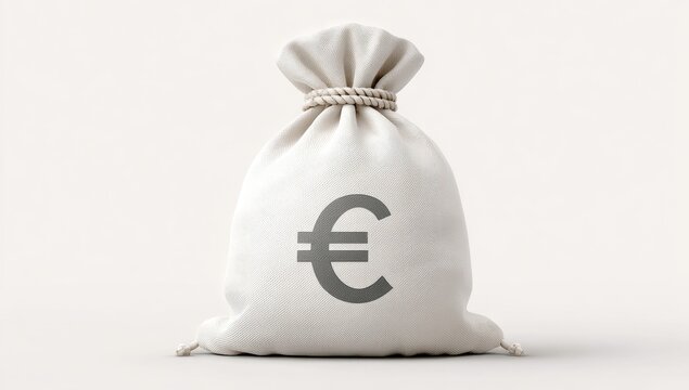 White drawstring bag with euro symbol, full and heavy, isolated