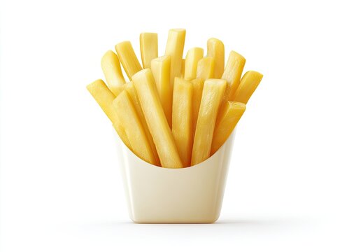 Crisp golden french fries piled high in a white paper container