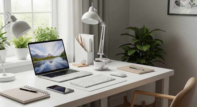 mesa de escrit&oacute;rio home office confort&aacute;vel conceito de produtividade organiza&ccedil;&atilde;o e ambiente de trabalho moderno