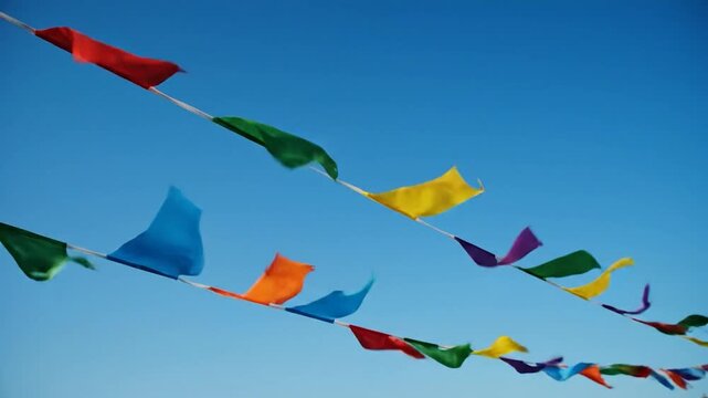 Colorful pennant flags fly against a bright blue sky, creating a vibrant and celebratory scene