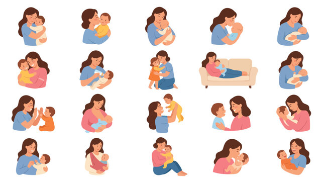 Mother and Baby Vector Illustrations, Flat Style, Family Love