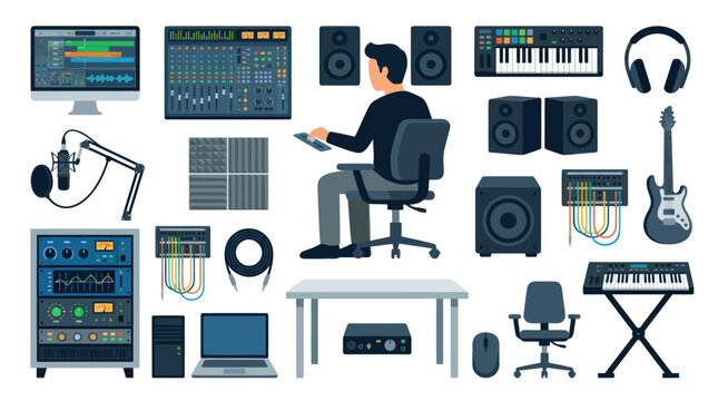 Flat Design Vector Illustration of Music Production Studio Equipment with Audio Engineer