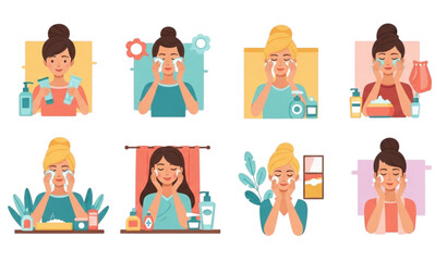 Fototapeta premium Daily skincare vector illustrations of women applying facial cleanser and moisturizer