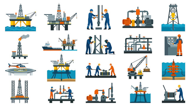 Oil and Gas Industry Flat Vector Icons Set: Offshore Drilling, Petroleum Production Assets