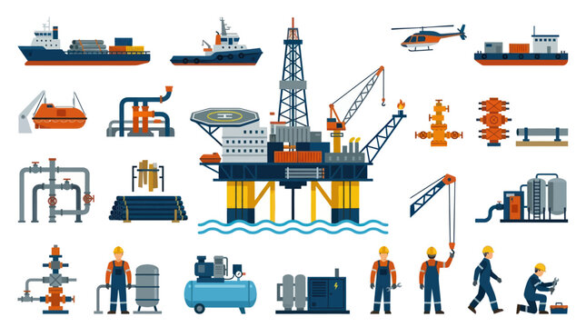Oil and Gas Industry Icons: Offshore Platform, Ships, Helicopter, Workers, Flat Style