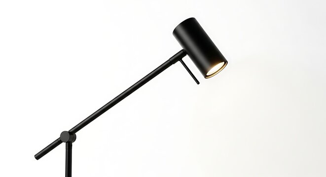 Modern minimalist black desk lamp with adjustable arm and warm led light isolated on white background