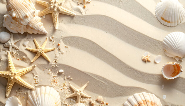 A serene arrangement of seashells and starfish rests upon rippled, sun-kissed sand.
