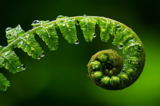 Curling Fern Frond Adorned with Dew Drops in a Lush Green Forest Setting