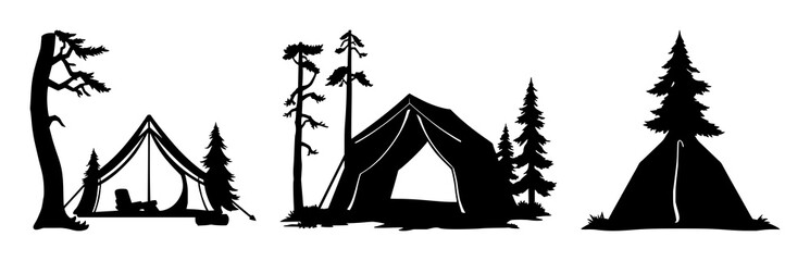 Forest camping tent icon set with solid black silhouette against white background featuring outdoors, camping, tent icon with design and illustration for travel, adventure, nature © mdbakul
