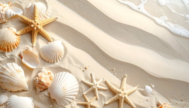 A close-up view showcases a collection of seashells and starfish scattered across a sandy beach, with gentle ocean waves lapping at the shore in the background.