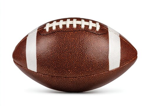 Classic brown spheroid with white laces, textured surface, against white