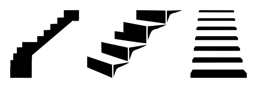 Staircase icon set with solid black graphic on white background featuring staircase silhouette, simple line, icon with monochrome and flat