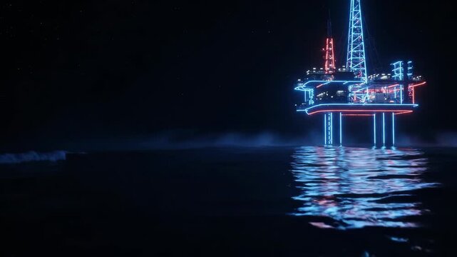 Illuminated Oil Rig at Night Reflecting on Calm Water.