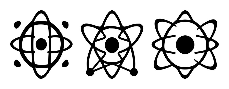 Quantum computing qubit atom set with solid black icon on white background featuring qubit, atom, quantum mechanics with iconography and vector graphics