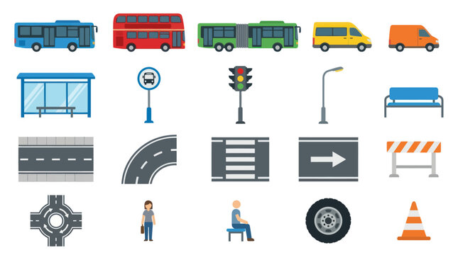 City Transportation and Road Infrastructure Flat Vector Icon Collection