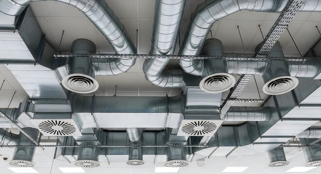 HVAC engineering and building ventilation installation. Air ducts and climate control systems mounted under ceiling, supporting air circulation, temperature regulation and facility maintenance. 