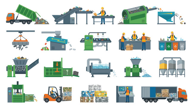 Flat Recycling Waste Management Process Vector Icons. Industry Workflow Stages and Production Flow