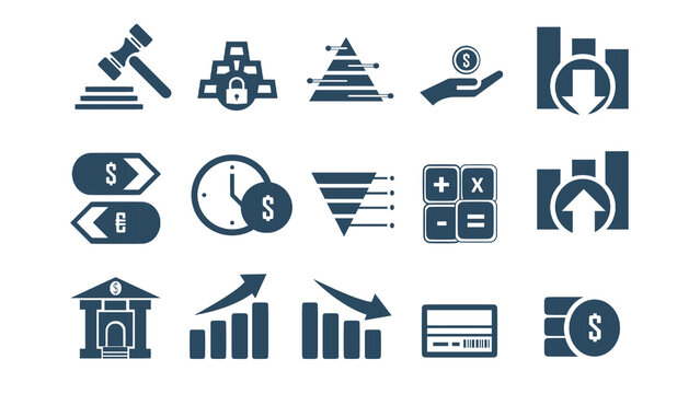 Modern finance and business icon set featuring investment, banking, analytics, currency exchange, profit and loss, and financial management concepts in a clean minimal style, perfect for UI, apps, das
