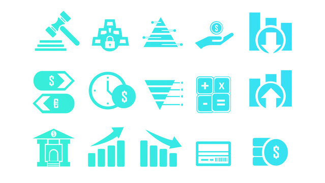 Modern finance and business icon set featuring investment, banking, analytics, currency exchange, profit and loss, and financial management concepts in a clean minimal style, perfect for UI, apps, das