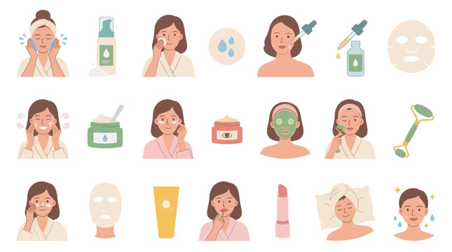 Skincare Beauty Routine Flat Vector Illustration Set for Women's Self-Care and Wellness