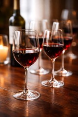 Fototapeta premium Several glasses of red wine on a wooden table with a bottle in the background