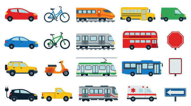 Flat Design Transportation Vehicles and Traffic Signs Vector Icons Set