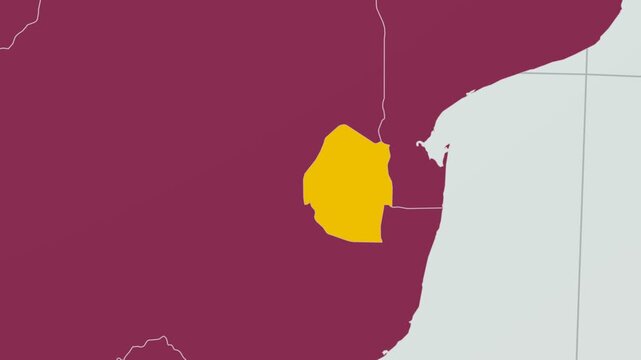 ESwatini map. Animated zoom into the country on the Globe in Pale Mint Dark Pink color palette. Country logo animation with round text and airplanes. Map with meridians, parallels. Amazing video.
