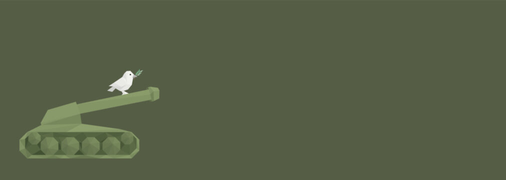 Peace dove carrying olive branch on military tank polygon shapes on green background have blank space.