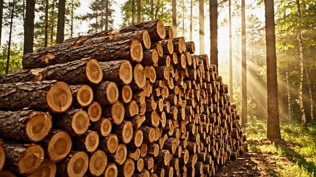 Neatly stacked pile of harvested pine logs in a dense woodland forest at sunrise with dramatic sunbeams and lens flare, illustrating sustainable forestry and wood production.