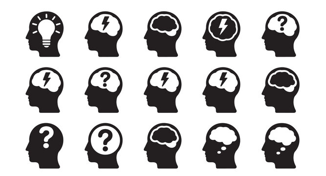Mental health and cognitive function icons set with human head profiles and thinking symbols.