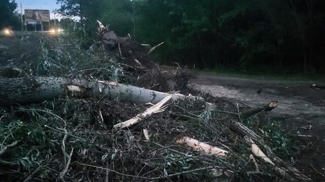 Pile of logs and branches in a forest after logging, industrial wood resource and environmental impact