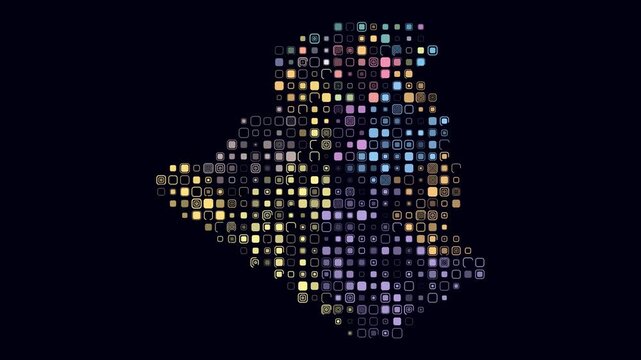 Algeria map animation. Shape of the country with pulsating colored dots. Large size rounded square blocks. Digital style Algeria map on dark background. Trending video.