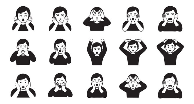 Woman face palm shock horror fear surprise distress expressions icons vector set.