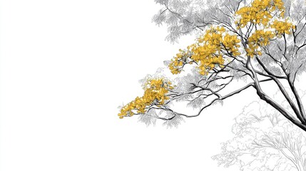 Obraz premium Yellow Flowers on Branch Against White Background with Gray Leaves
