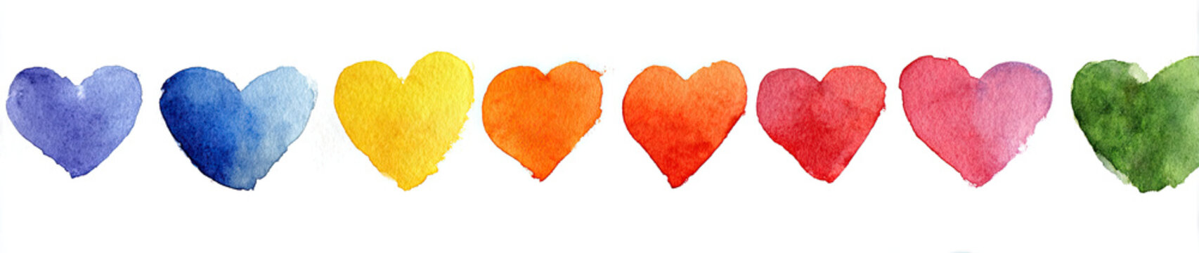 A rainbow of watercolor hearts, painted in a line against a white background