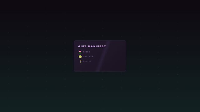 A sleek digital manifest dynamically displays a thoughtful selection of Mother's Day Gifts, featuring virtual roses, a tea set, and lotion, against a futuristic dark background.