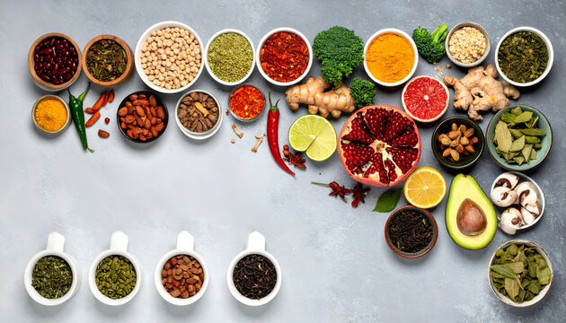 An overhead flat lay showcases a vibrant assortment of fresh fruits, vegetables, spices, nuts, seeds, and herbs arranged on a textured gray surface, creating a colorful and appetizing composition.