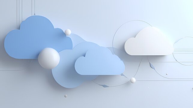 Abstract cloud network visualization with 3D blue clouds and spheres connected by thin wires on clean white background
