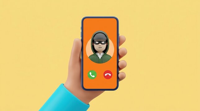 phishing, scam, fraud, hacker, smartphone, security, mobile, 3d illustration of a hand holding a phone with a call from a masked cyber criminal representing a data security risk.