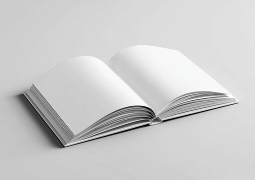 Open blank book with clean white pages on a light gray background
